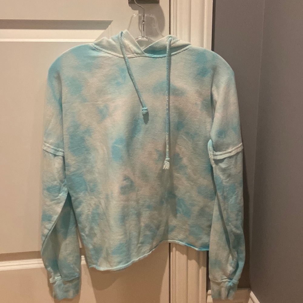 Blue and white tie dyed hooded sweatshirt